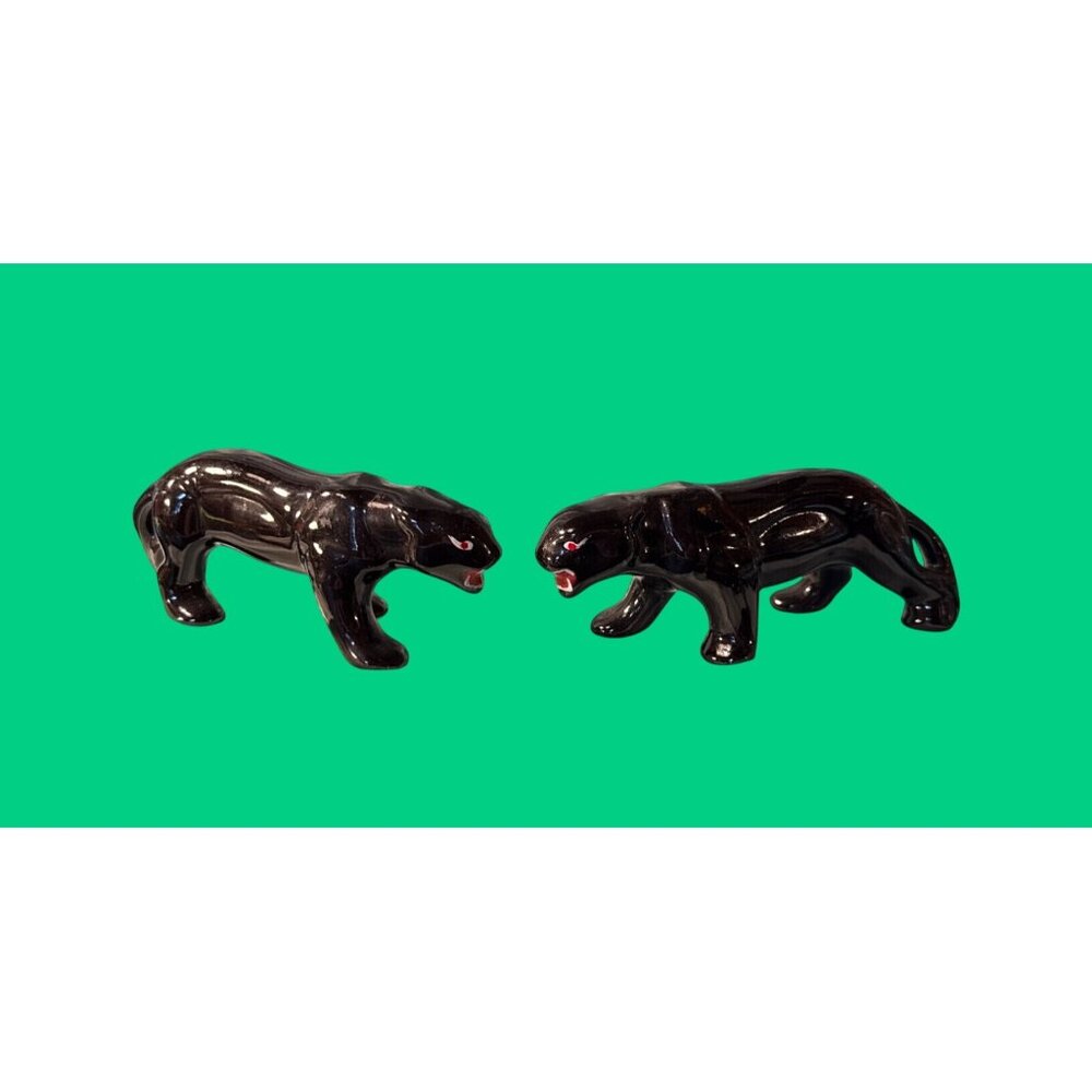 1950s Vintage Black Panther Ceramic Figurine Pair MCM Jungle Décor Vtg Stalking